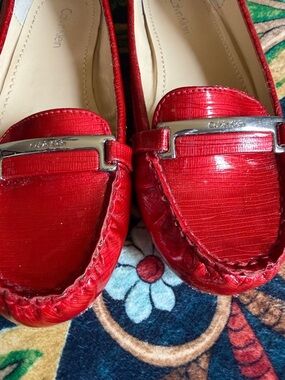 Calvin Klein Red Patent Leather Moccasin Loafers with Silver Hardware